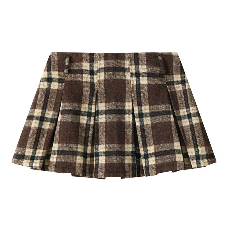 Fall Winter Women Old Money Outfits 2 Piece Set Pu Faux Leather Oversize Vintage Jacket + 2000s Plaid Gyaru Mini Pleated Skirts