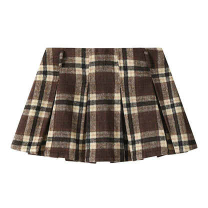 Fall Winter Women Old Money Outfits 2 Piece Set Pu Faux Leather Oversize Vintage Jacket + 2000s Plaid Gyaru Mini Pleated Skirts