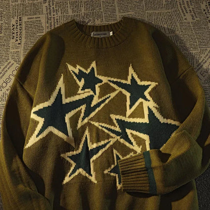 maoxiangshop Autumn and Winter Sweater Men Women American Style Star Print Loose Knitted Pullover High Street Harajuku Oversize Tops Y2K New