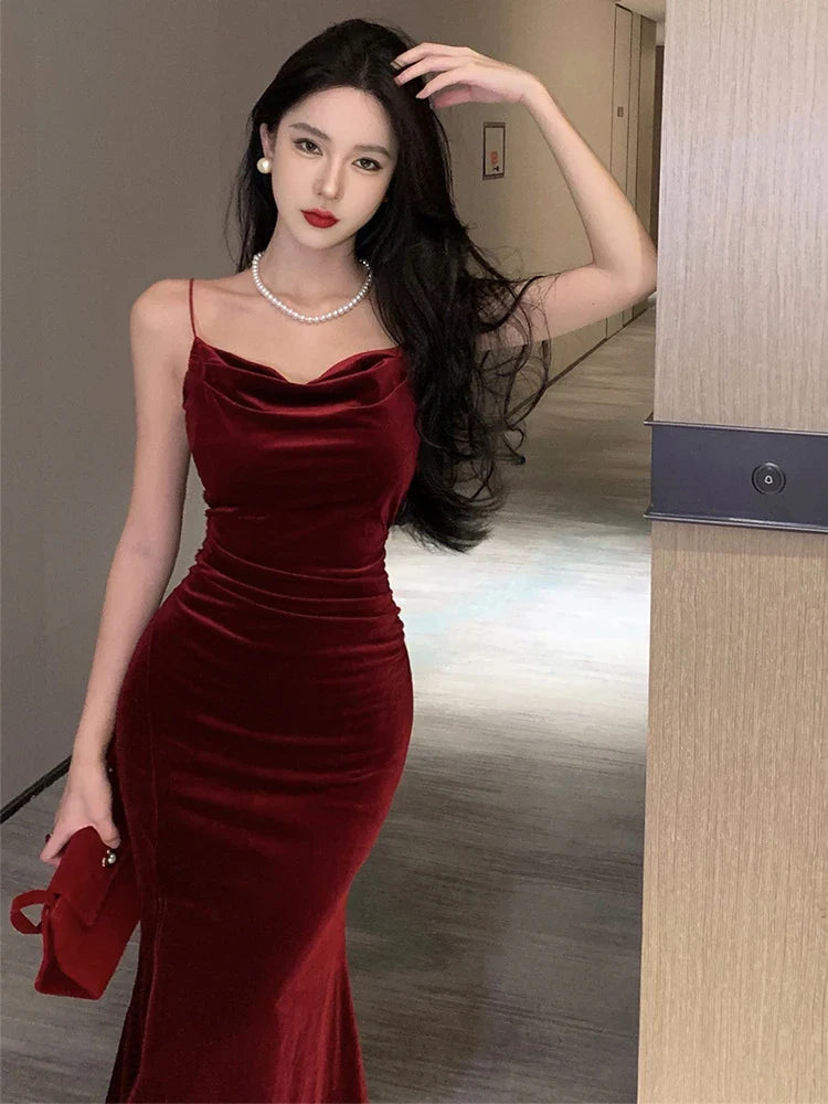 maoxiangshop Vintage Sexy Prom Red Long Dresses for Women Spaghetti Strap Slit Velvet Beach Bandage Bodycon Midi Dress Party Elegant  New