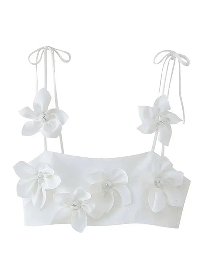 maoxiangshop  -  Cute Girl Fashion Flower Appliques White Elastic Short Tops Summer Chic Lady 2024 New Fashion Sling Vest