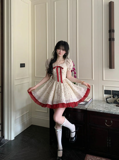 Summer Sweet Print Y2k Mini Dress Woman Bow Lolita Kawaii Short Party Dress Casual One Piece Dress Korean Fashion Hot Girls