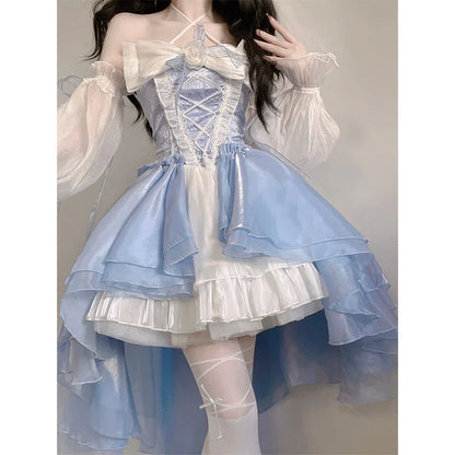 Elegant Girl Cosplay Princess Puff Sleeve Ribbon Bowknot Flower Tunic Mesh Fantastic Fairy Lolita Dress For Women