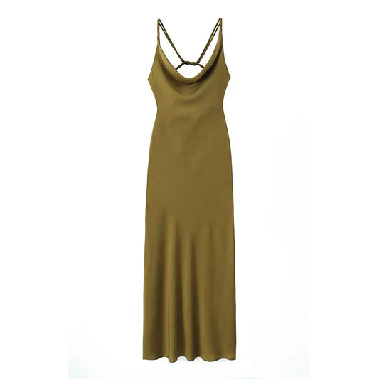 maoxiangshop-Sexy Women Olive Green Backless Swinging Collar Satin Slip Dress