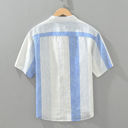maoxiangshop 2024 Summer New 100%Linen Pullover Short Sleeve Shirts for Men Fashion Striped Casual Loose Shirts