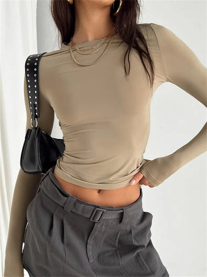 maoxiangshopWomen Casual Long Sleeve T-Shirts Spring Autumn Solid Slim Fit Pullovers Tees Shirts Female Streetwear Base Tees Tops
