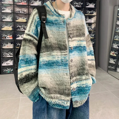 maoxiangshop Striped Cardigan Sweater Men Korean Knitted Sweater Pullover Harajuku Hip Hop Streetwear Loose Knitwear Coat Male Clothes