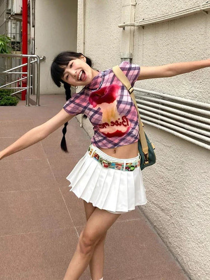 Summer Women Vintage 2000s Aesthetic Plaid Graphic T-Shirts Short Sleeve Tees Stretch Crop Tops Korean Coquette Gyaru Cute Tide