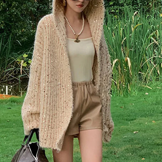 maoxiangshop  -  Sequined Gradient Knitted Hooded Cardigan Women's Sweater Loose Long Sleeve Gentle Wind Sweaters Coat Autumn Winter Warm Jacket