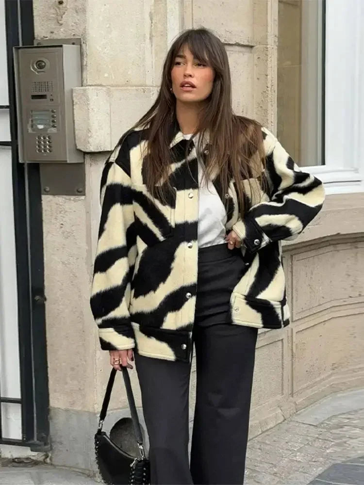 maoxiangshop  -  Women Elegant Zebra Printed Single Breasted Jacket Fashion Lapel Long Sleeves Loose Coat Autumn Chic Lady Commuting Outerwear