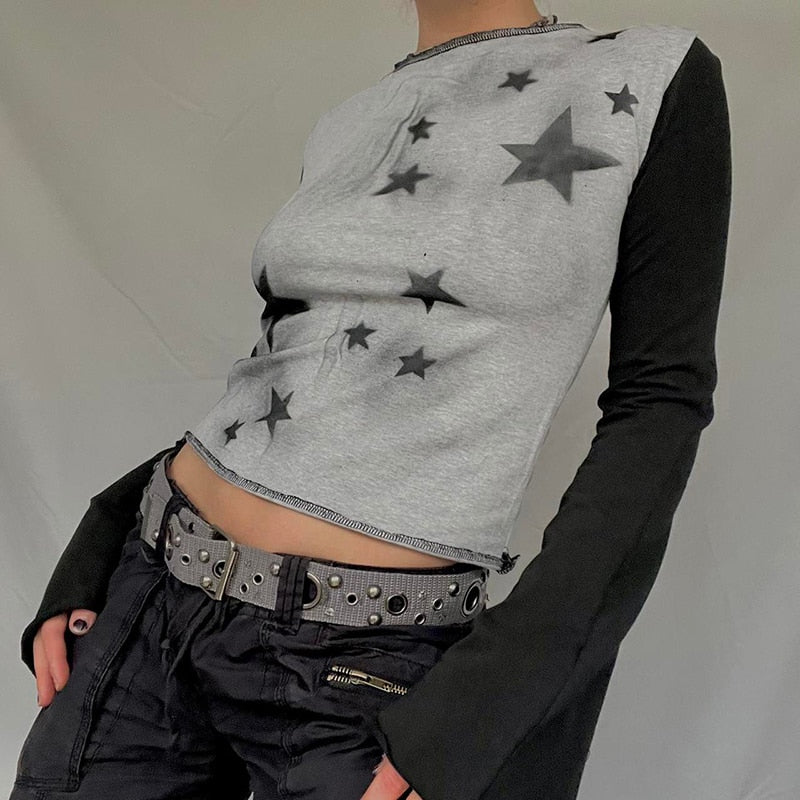 Star Girl Y2k Print Patchwork Long Sleeve Casual Harajuku T-shirt Women 90S Vintage Gothic Grunge Basic E-girl Autumn Tops