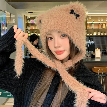 maoxiangshop  -  Winter Fur Hat Cat Women Ears Bow Knitted Beanies with Strap Outdoor Windproof Warm Thickened Bonnet Fashion Ear Protection Caps