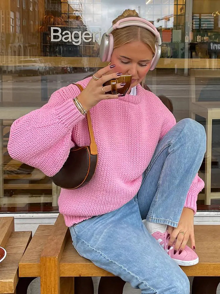 maoxiangshop -  Pink Crochet Cropped O-neck Sweaters For Women Long Sleeve Fit Warm Knitted Pullover Top Fashion Autumn Winter Holiday Outerwear