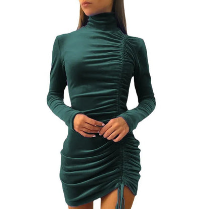 maoxiangshop Autumn And Winter Women's Long-sleeved Tight-fitting Hip Skirt High-neck Tight-fitting Elegant Drawstring Velvet Dress