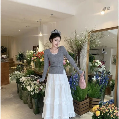 maoxiangshop Lace A-line Loose All-match Spring Autumn Ankle-length Skirts for Women Korean Style Female Tender Fashion Leisure Students Chic