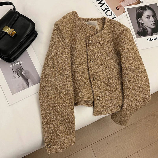 Vintage Tweed Jacket Women Cropped Quilted Coat Winter Elegant Blazer Ladies Korean Thicken Chic Short Suit Outerwear New