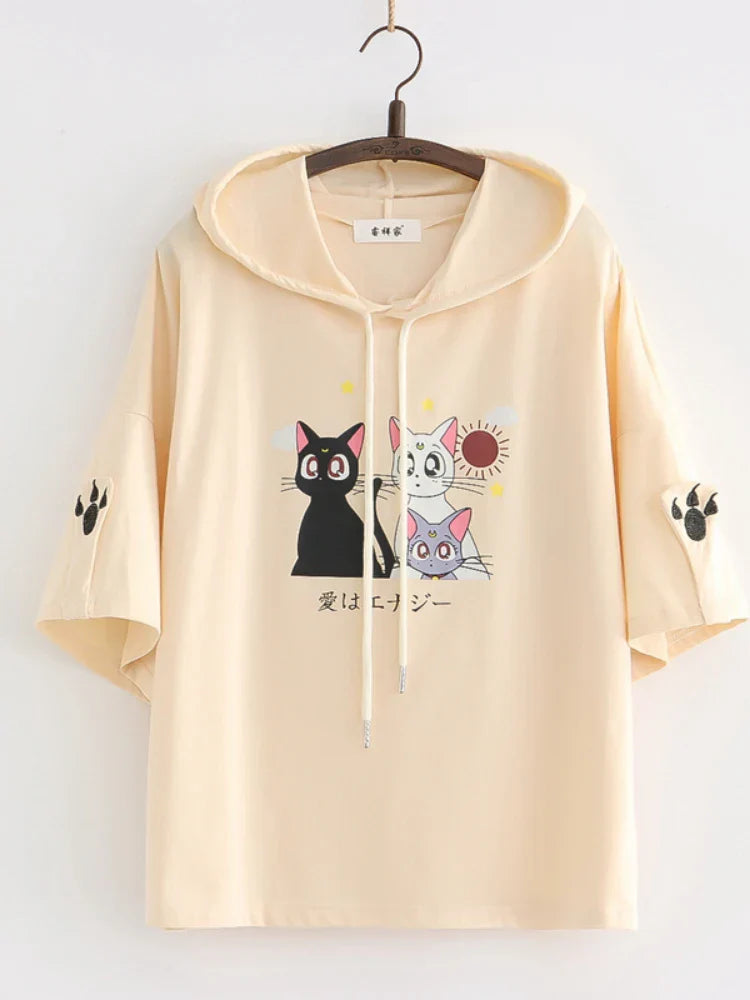 Women Short Sleeve Hooded Sweatshirts Pink Cartoon Cat Embroidery Casual Hoodies Summer High Low Girly Ladies Kawaii Tops