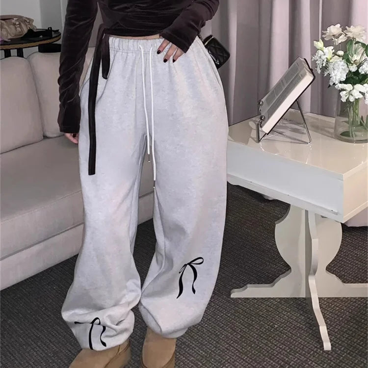 maoxiangshop -  Korean Fashion Fleece Sweatpants Women Y2K Bow Print Brushed Pants Oversized Winter Fairycore Wide Leg Joggers Pants