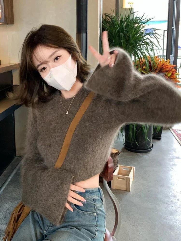 Deeptown Vintage Mohair Cropped Sweater Women Korean Fashion Slim Knitted Jumper Elegant Soft Warm Flare Sleeve Tops High Street
