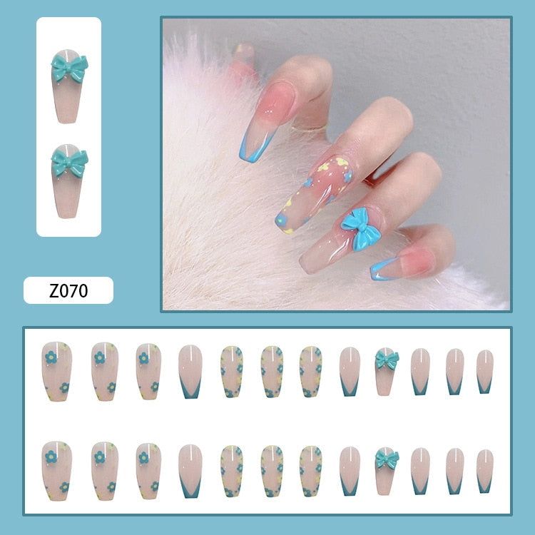 24pcs Butterfly decorated false nails Removable Long Paragraph Fashion Manicure fake nail tips full cover acrylic for girls nail