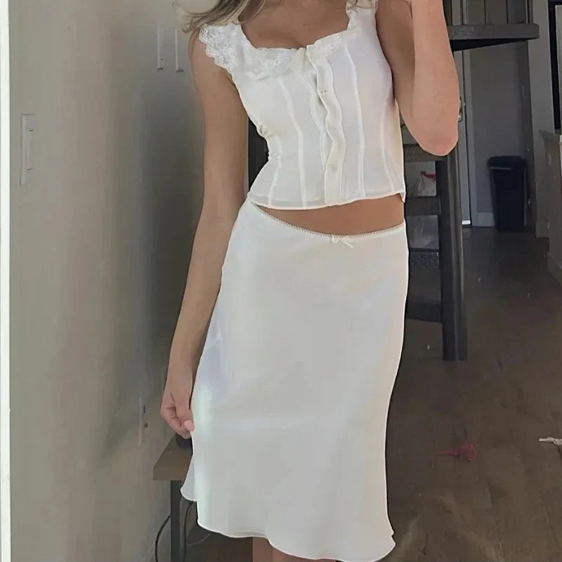 maoxiangshop White Satin Long Skirt Women vintage elegant Low Waist A-line Slim Silk sexy Y2k Midi Skirt Summer Party Skirts