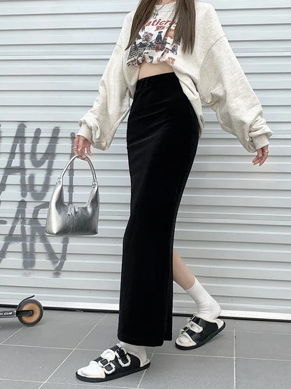 maoxiangshop Fish Tail Velvet Skirt Women Mermaid Trumpet Long Skirts Ankle Length Empire High Waist Skinny Bodycon Skirt Female