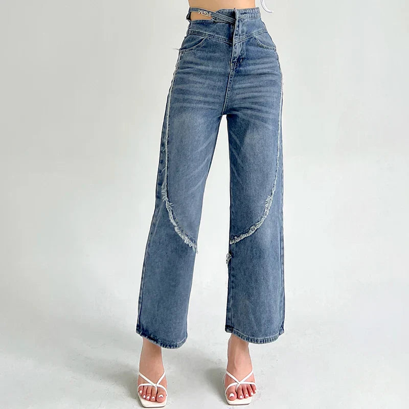 American Split Jeans Women Pink Bandage High Waist Irregular Spliced Denim Pants Zipper Fly Trousers Y2k Pantalon Femme LH22199