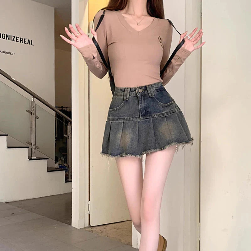 Vintage 90S Denim Mini Skirt Women Y2K 2000S Streetwear Pleated Jeans Skirts Harajuku Korean High Waist A Line Skirt New