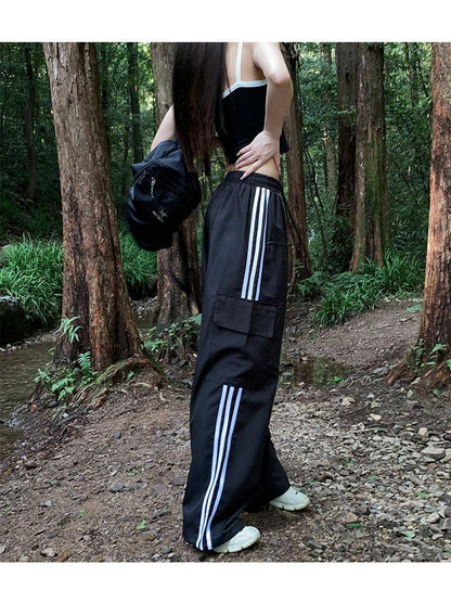 maoxiangshopHigh Waist Drawstring Cargo Pant Wide Leg Joggers Trousers Striped Harajuku Baggy Parachute Pants Sweatpants Women Clothes Y2k