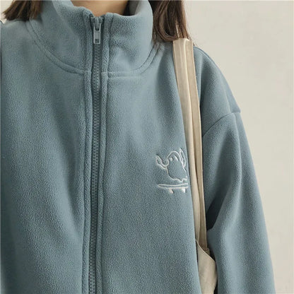 Y2k Women Embroidery Zip Up Hoodie Fleece Jacket Thick Warm Winter Plush Zipper Sweatshirt Outwear Hoodies Tops Clothes