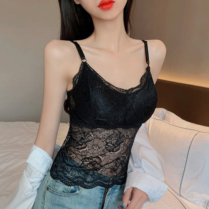 maoxiangshop Hollow Out Lace Butterfly Back Camisole With Bra Women Sexy Padded Black White Tank Crop Tops Female Camis Summer