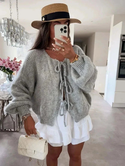 maoxiangshop  -  Fashion Lace Up Bow Knitted Cardigan Woman O Neck Long Sleeve Hollow Out Sweater Coat Autumn Female Casual High Street Knitwear