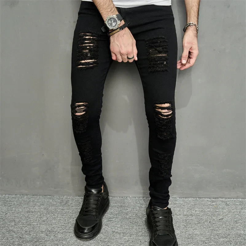 maoxiangshop Streetwear Ripped Slim Men Pencil Jeans Pants Stylish Male Hip Hop Stretch Holes Casual Denim Trousers