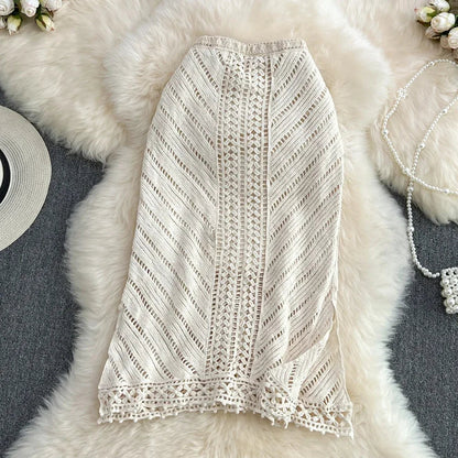 maoxiangshop Boho Summer Beach Sexy Skirts Women Lace-up Crochet Hollow Out Female Sheath Skirts Ladies High Waist Elegant Skirt