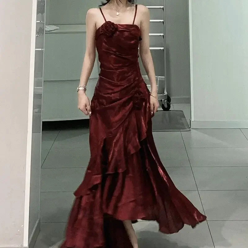 maoxiangshop Korean Vintage Velvet Long Dress Women Luxury Slim Mermaid Spaghetti Strap Floral Dress Elegant Sexy Casual Evening Party Dress