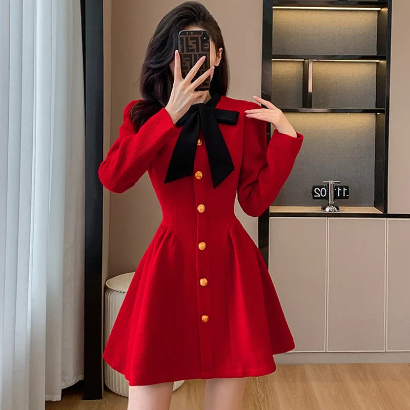 maoxiangshop New Women's Tweed Pleated Mini Dress Autumn Long Sleeve Korean Style Single Breasted Ruffle Fashion Office Lady Vintage Dresses