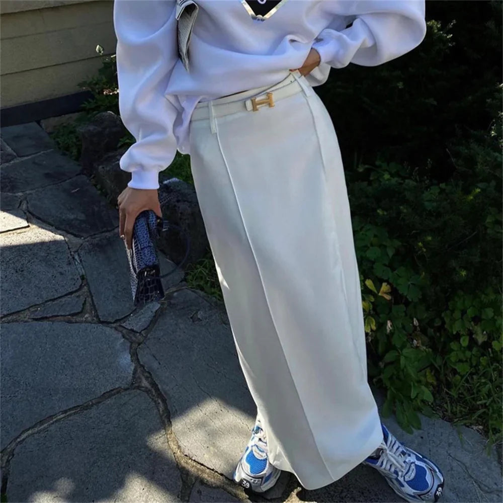 maoxiangshop -  White Long Straight Maxi Skirt for Women Summer Autumn Elegant   High Waist Office Lady Simple Skirt with Pocket Streetwear