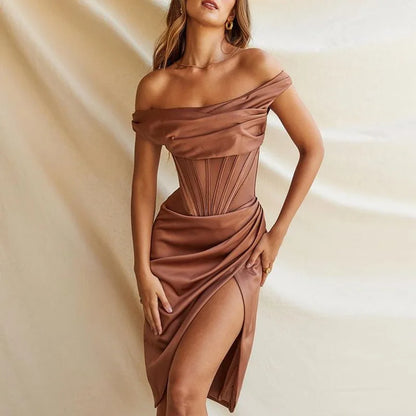 High Quality Satin Bodycon Dress Elegant Women Party Dress Red Off The Shoulder Sexy Dress Celebrity Evening Night Dresses