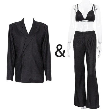 Sliver Sparkly OVersized Blazer Sets For Women Suit Ladies Casual Glitter Coat And Pants Sets Blazer Femme Mujer Party