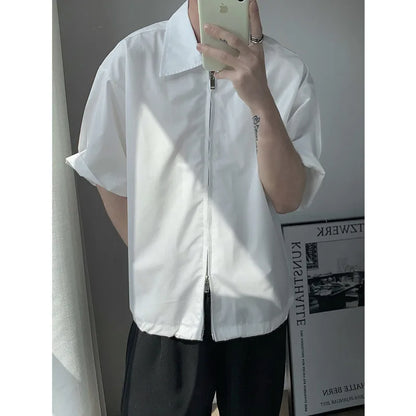 maoxiangshop Summer Short Sleeved Shirt Men Fashion Oversized Zip Shirt Men Korean Loose Black White Dres Shirts Mens Ice Silk Shirt M-2XL