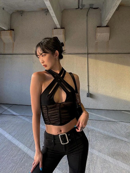 maoxiangshop Y2K Sexy Hollow Women Halter Tank Tops Sleeveless Ruched Patchwork Mesh Camisole Clubwear Fashion Solid Vest Outfit