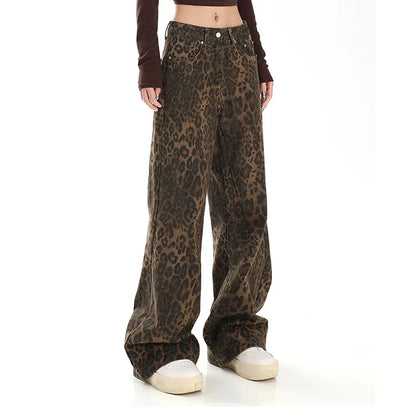 Women's Brown Jeans Leopard Print Retro Straight Tube Baggy Pants Fashion Street Fashion Y2K Jeans New Winter Leggings