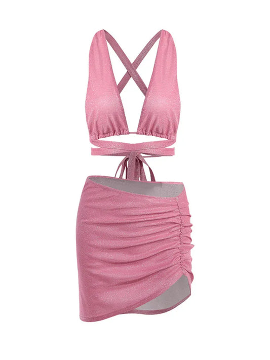 Summer Corss Bandage Low Cut Top And Skirts Two Piece Sets Women 2022 Glitter Sexy Club Outfits Female Pink Clothing 2 Pieces