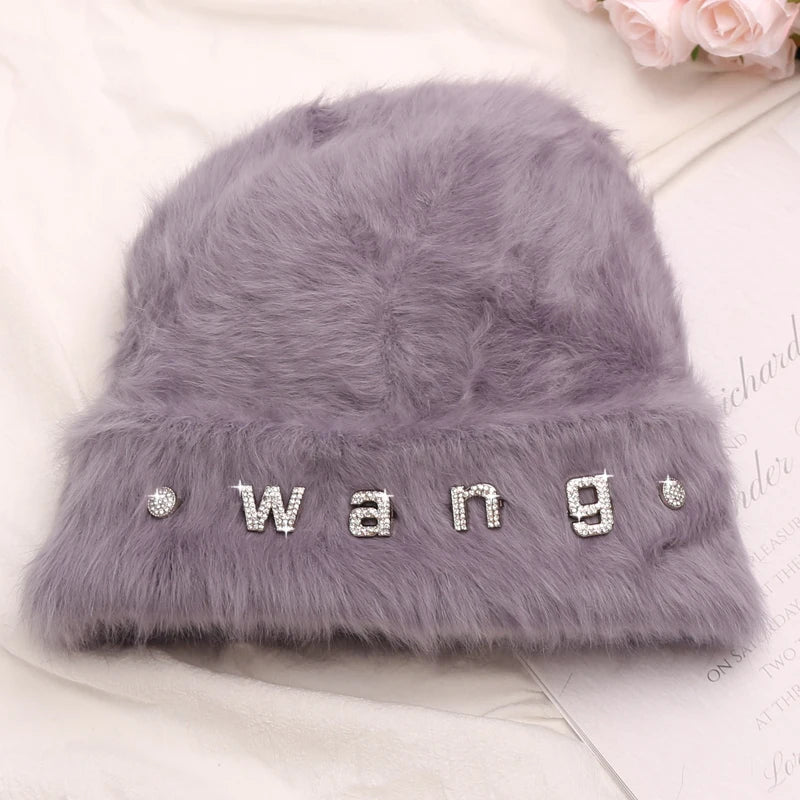 maoxiangshop New Fashion Rabbit Fur Y2k Beanies for Women Soft Warm Fluffy Angola Winter Hat Female Windproof Bonnet Hat Skullies Cap