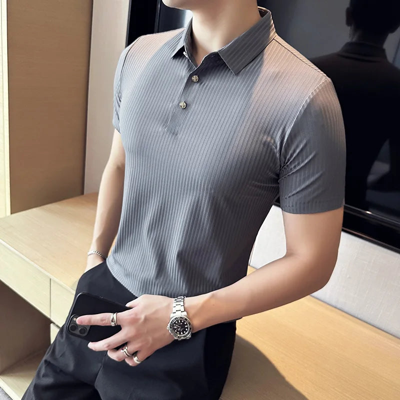 maoxiangshop Mens Short Sleeve POLO Shirt Summer Thin New High Elasticity Solid Color Casual Slim Fit Formal Dress Shirt Men Clothing