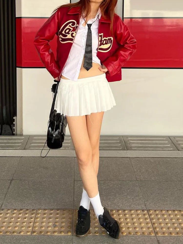 maoxiangshop  -  Women Leather Fashion Embroidery Zipper Short Jacket Elegant Long Sleeves Lapel Loose Coats Autumn Female Streetwear Outercoat