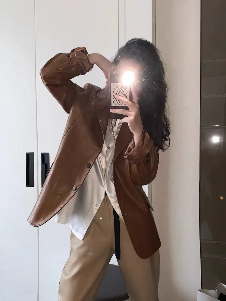 maoxiangshop  -  Fashionable Casual Suit Jacket For Women'S Autumn And Winter New Style Retro Hong Kong Style Loose Motorcycle Jacket