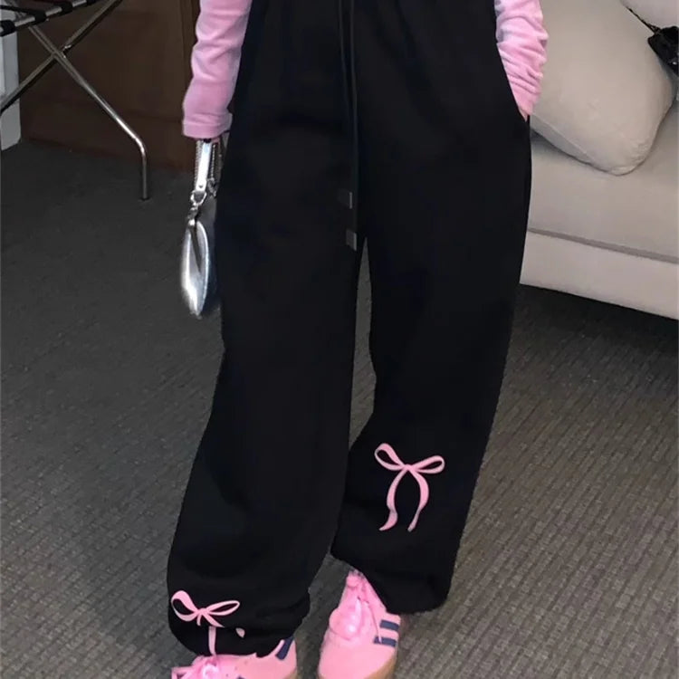 maoxiangshop -  Korean Fashion Fleece Sweatpants Women Y2K Bow Print Brushed Pants Oversized Winter Fairycore Wide Leg Joggers Pants