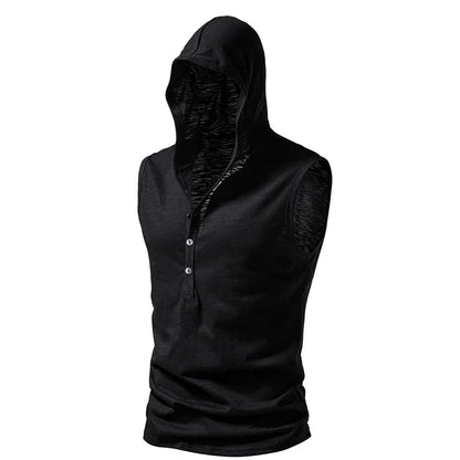 maoxiangshop Summer Men's Hooded Shirts Casual Tank Tops Cotton T-shirt Thin Quick-drying Fitness Sports V-neck Multiple Buttons Tops