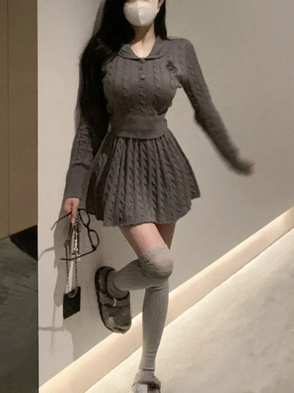 maoxiangshop1 Autumn Preppy Style Knitted Clothing Suit Woman Slim Kawaii Swearter Tops Casual Y2k Mini Skirt Woman Fashion 2 Piece Set